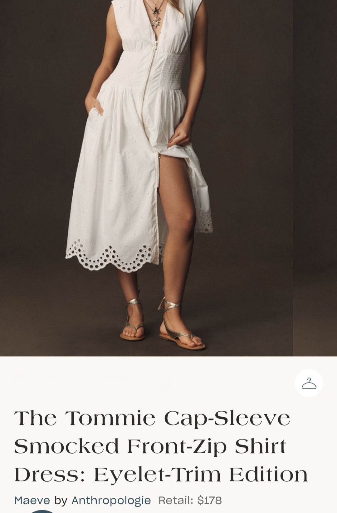 Anthropologie The Tommie Cap-Sleeve Smocked Front-Zip Shirt Dress: Eyelet-Trim Edition(Surplus)