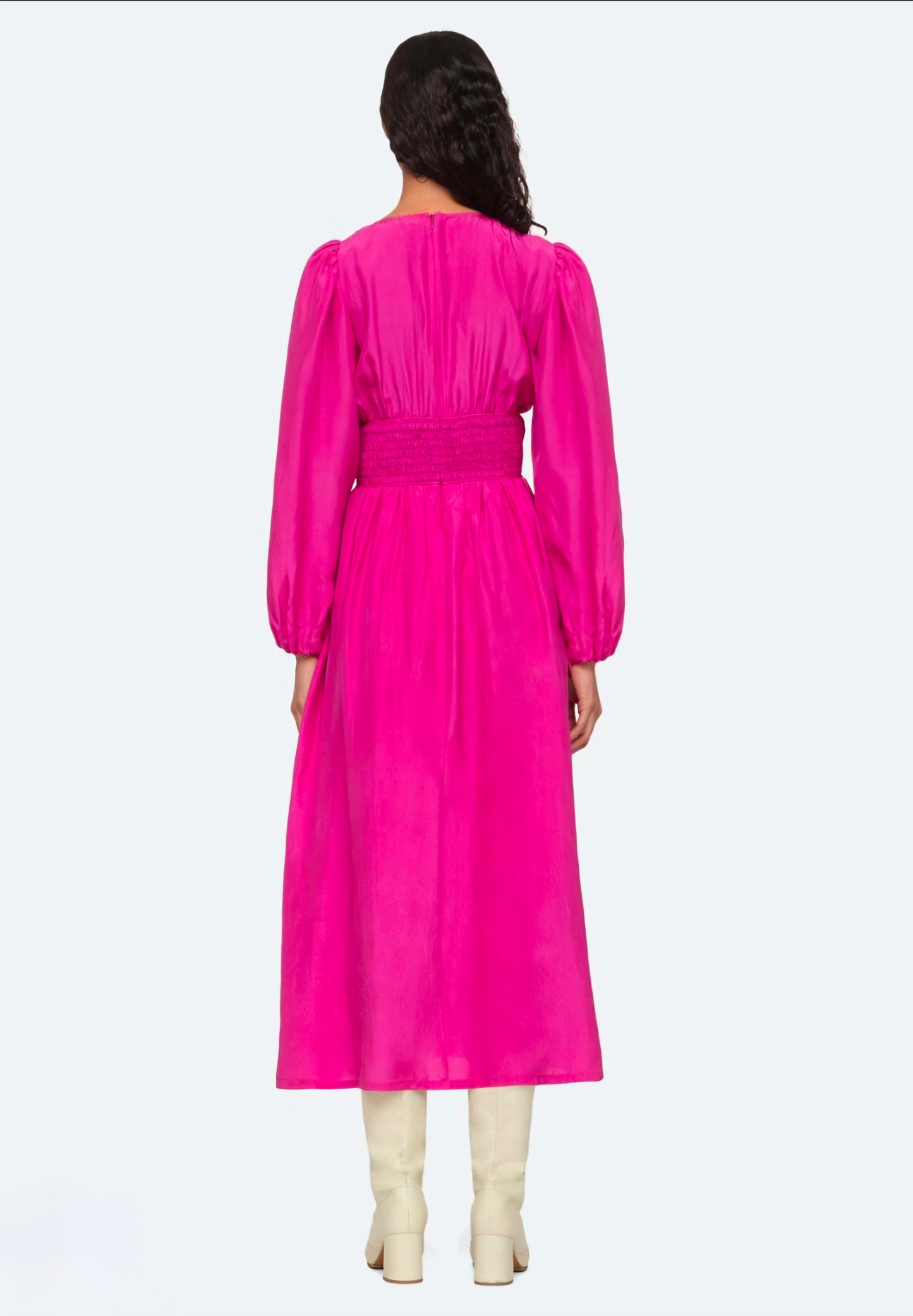 Sea New York Surplus Fabiola Solid Habotai Silk V-Neck Midi Dress in fuchsia