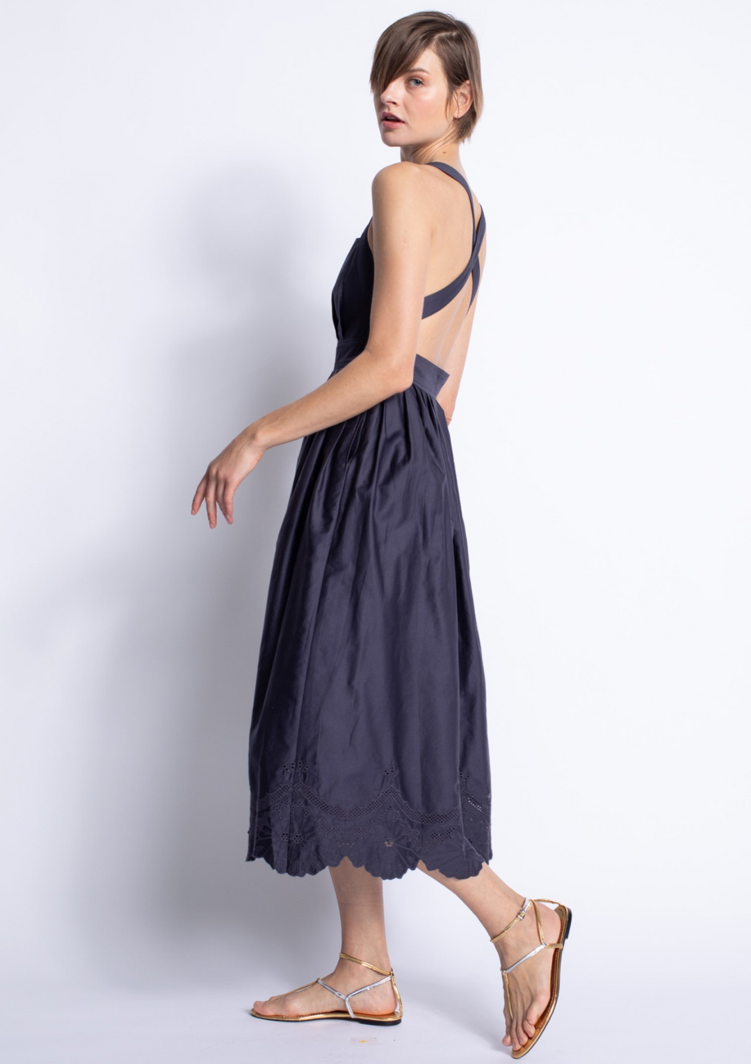 Karina Grimaldi Mora Embroidered Dress in Navy