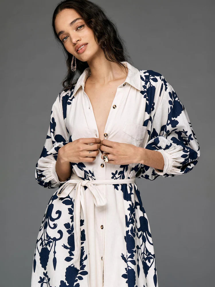 Anthropologie Maeve Blue Floral Collared Button-Front Cropped Sleeve Midi Dress - Belt Not Included (Surplus - New)