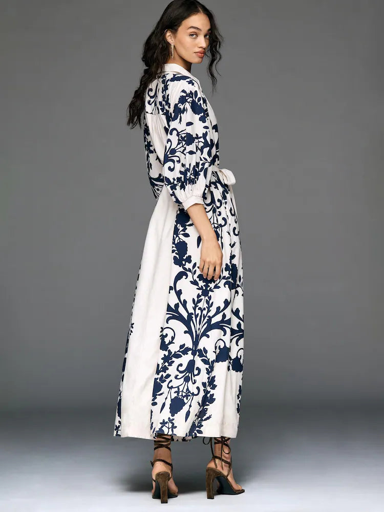 Anthropologie Maeve Blue Floral Collared Button-Front Cropped Sleeve Midi Dress - Belt Not Included (Surplus - New)