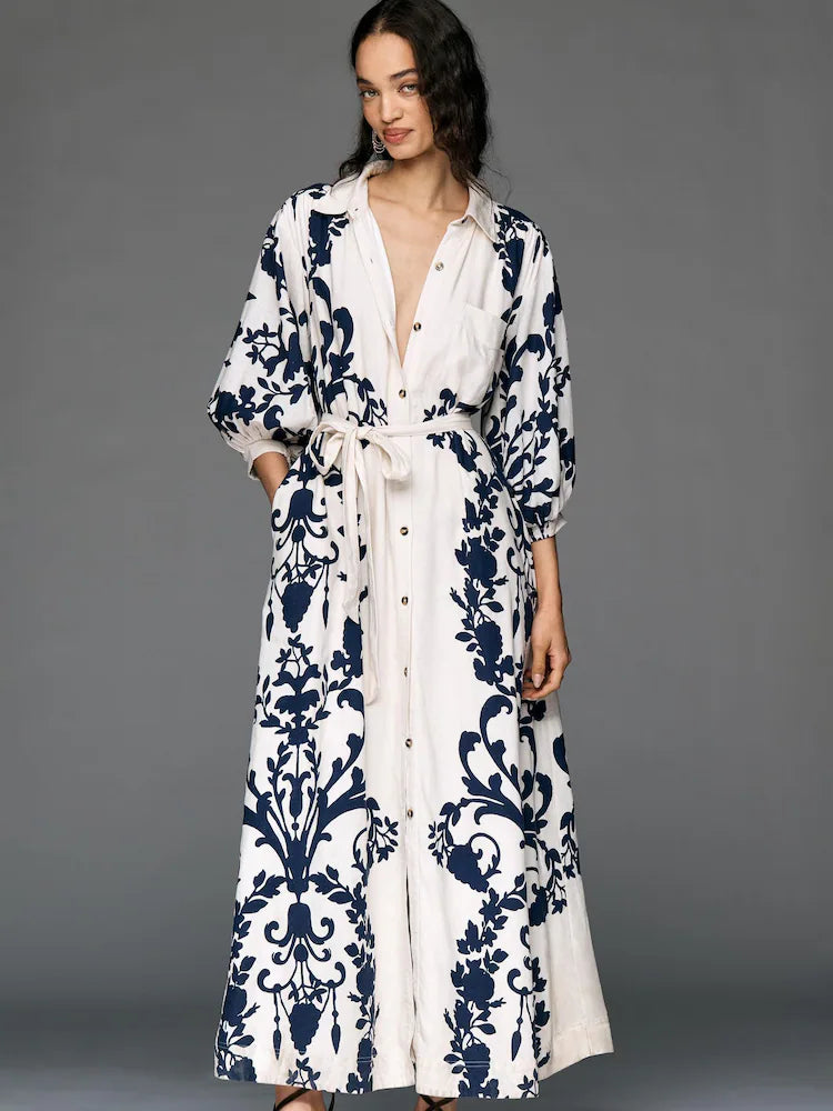 Anthropologie Maeve Blue Floral Collared Button-Front Cropped Sleeve Midi Dress - Belt Not Included (Surplus - New)