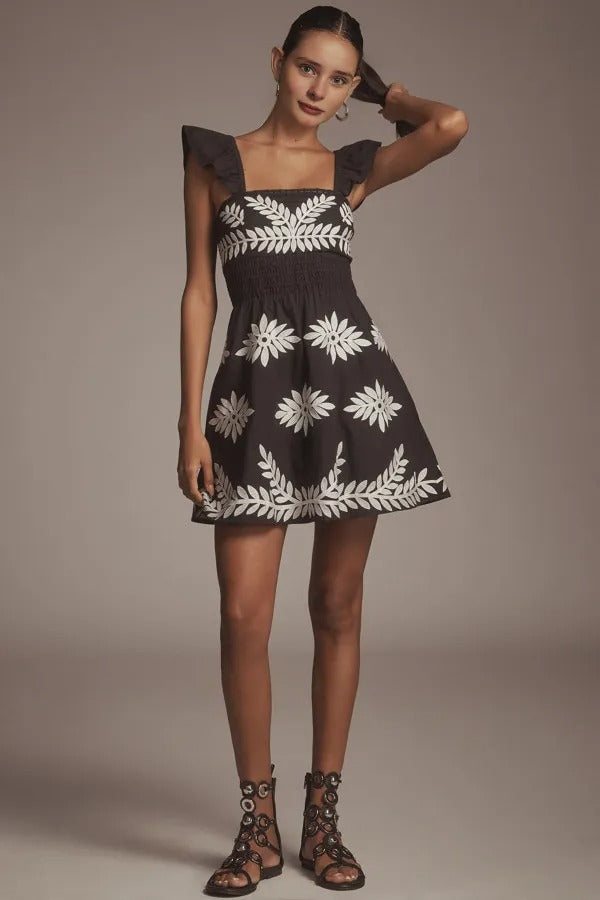 ANTHR⚪️POLOGIE Ruffle-Strap Embroidered Smocked Mini Dress