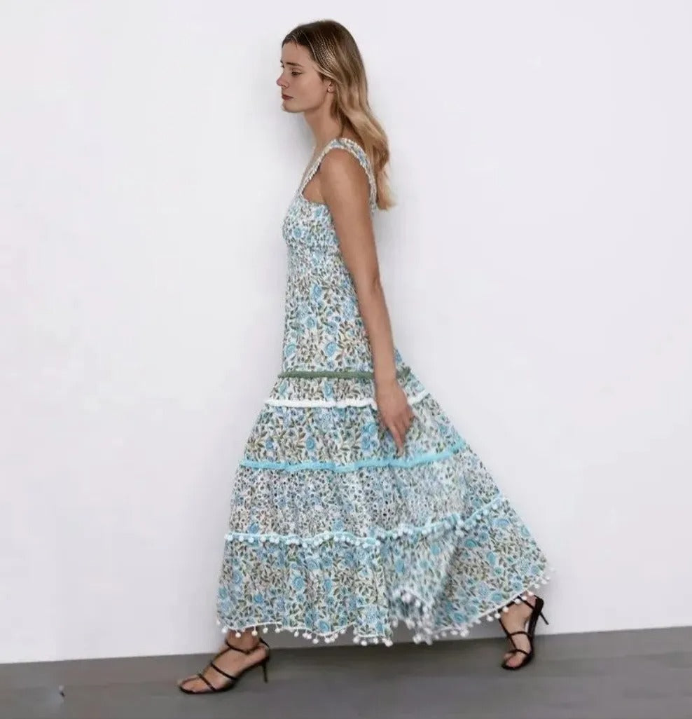ZAR🤍 The Kandy Dress Floral Midi Tiered Pom Pom Smocked Boho Blue/Green