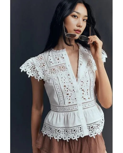 ANTHR⚪️POLOGIE Sleeveless High-Neck Lace-Inset Blouse