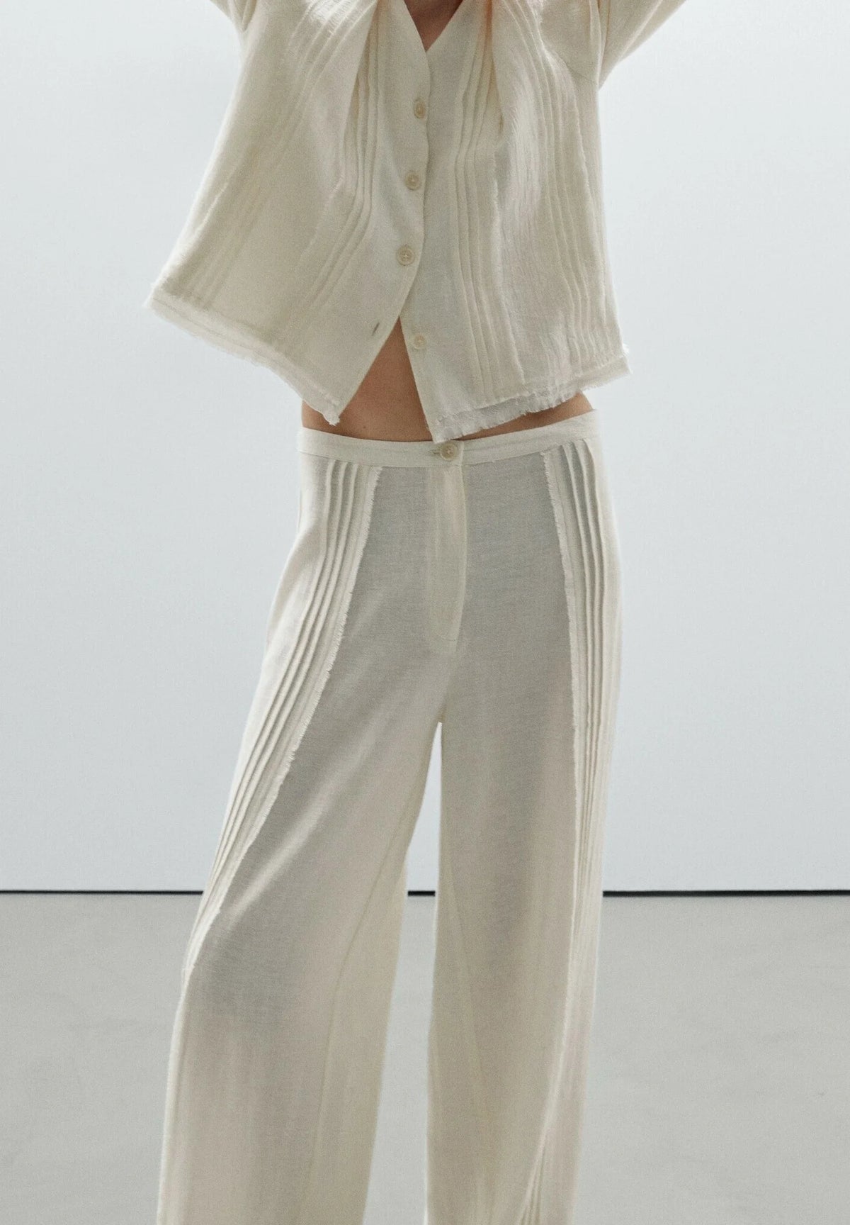 Massimo Dutti Ecru Cotton Blend Top & Wide-Leg Trousers Set (Surplus - New)