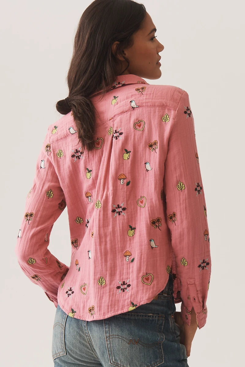 Anthropologie The Tabby Embroidered Icon Buttondown Shirt by Pilcro (Surplus)