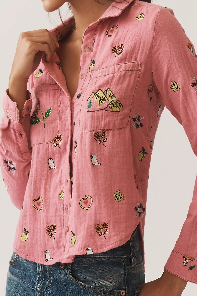 Anthropologie The Tabby Embroidered Icon Buttondown Shirt by Pilcro (Surplus)