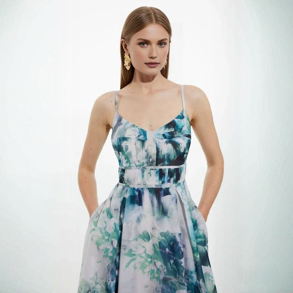 K🤍REN MILLEN Watercolour Cotton Voile Plunge Strappy Woven Maxi Dress