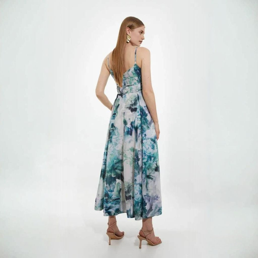 K🤍REN MILLEN Watercolour Cotton Voile Plunge Strappy Woven Maxi Dress
