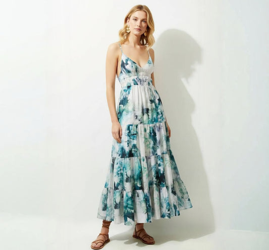 K🤍REN MILLEN Watercolour Cotton Voile Plunge Strappy Woven Maxi Dress