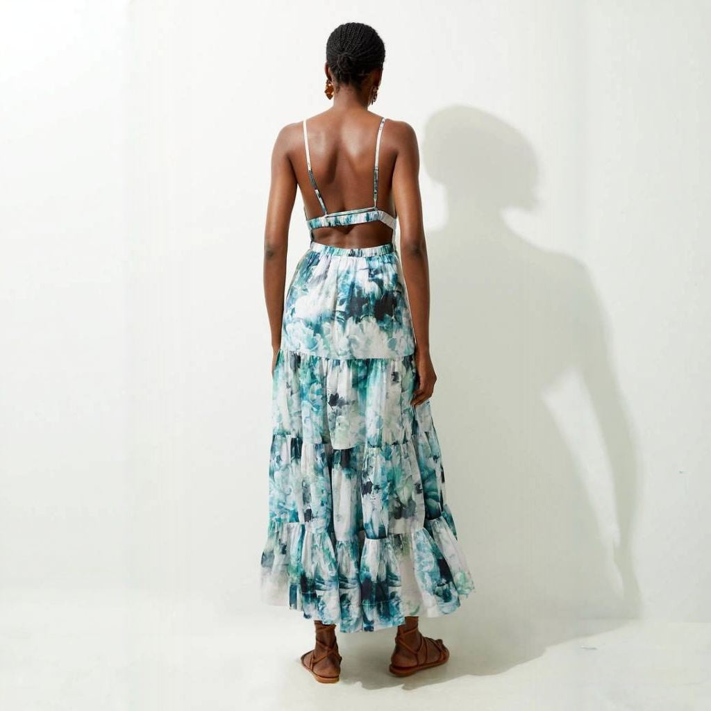 K🤍REN MILLEN Watercolour Cotton Voile Plunge Strappy Woven Maxi Dress