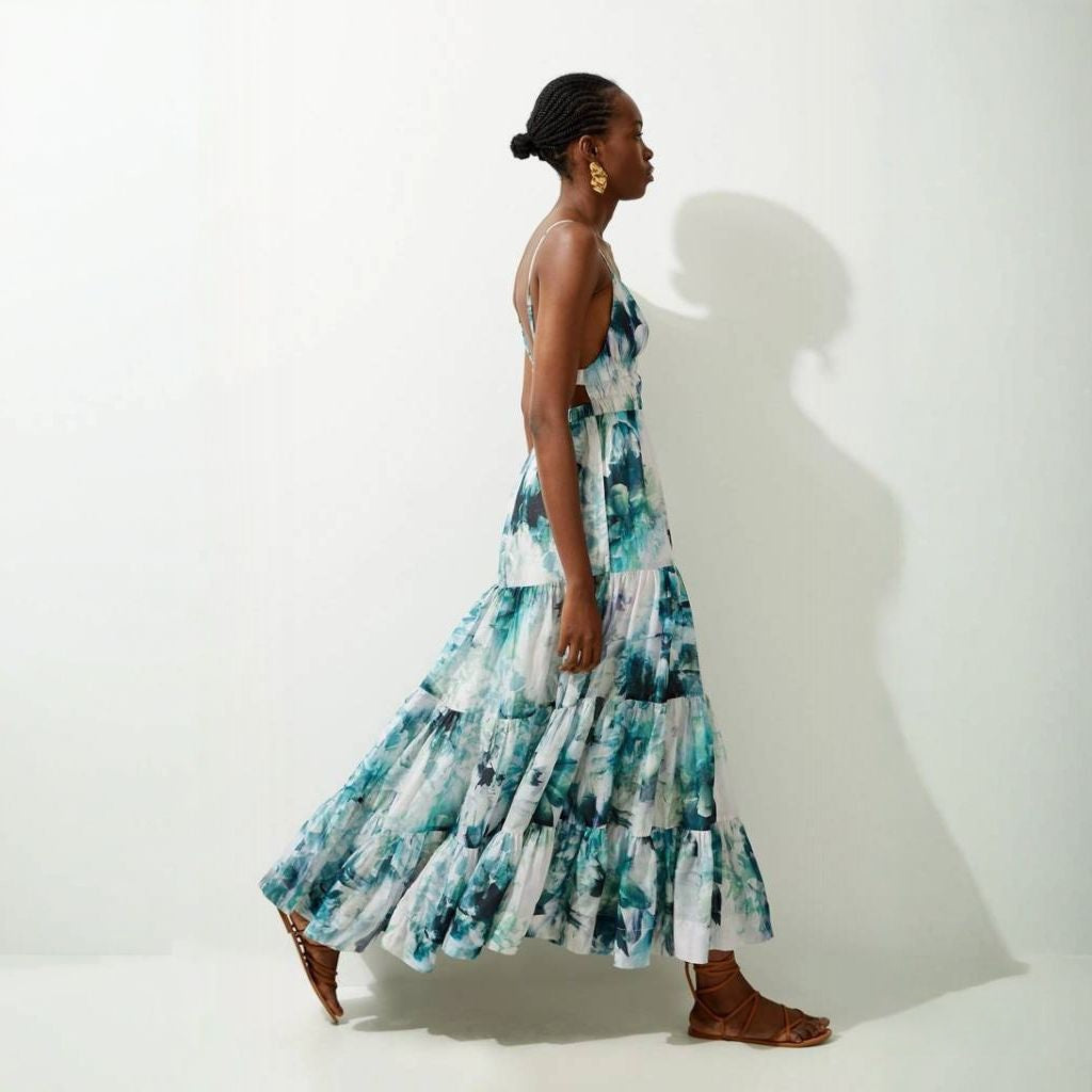 K🤍REN MILLEN Watercolour Cotton Voile Plunge Strappy Woven Maxi Dress