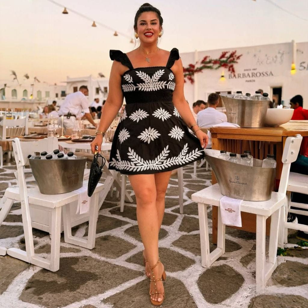 ANTHR⚪️POLOGIE Ruffle-Strap Embroidered Smocked Mini Dress