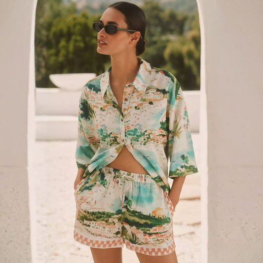 ANTHR⚪️POLOGIE Celandine Linen Short-Sleeve Printed Buttondown Shirt & Shorts Set