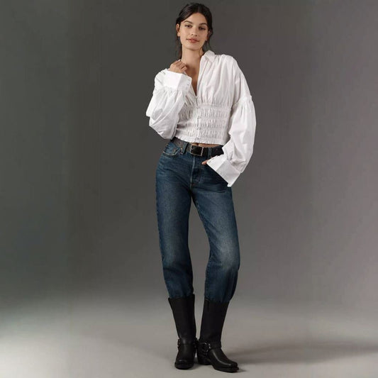 ANTHROPOLOGIE Balloon-Sleeve Collared Shirred Blouse (Surplus)