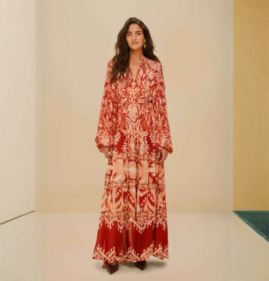 FARM RIO Tropical Tapestry Red Metal Embroidered Tiered Maxi  (Surplus)