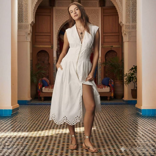 Anthropologie The Tommie Cap-Sleeve Smocked Front-Zip Shirt Dress: Eyelet-Trim Edition(Surplus)