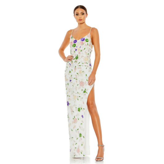 Mac Duggal White Multi Embellished Lace Sleeveless V Neck Gown (Surplus)