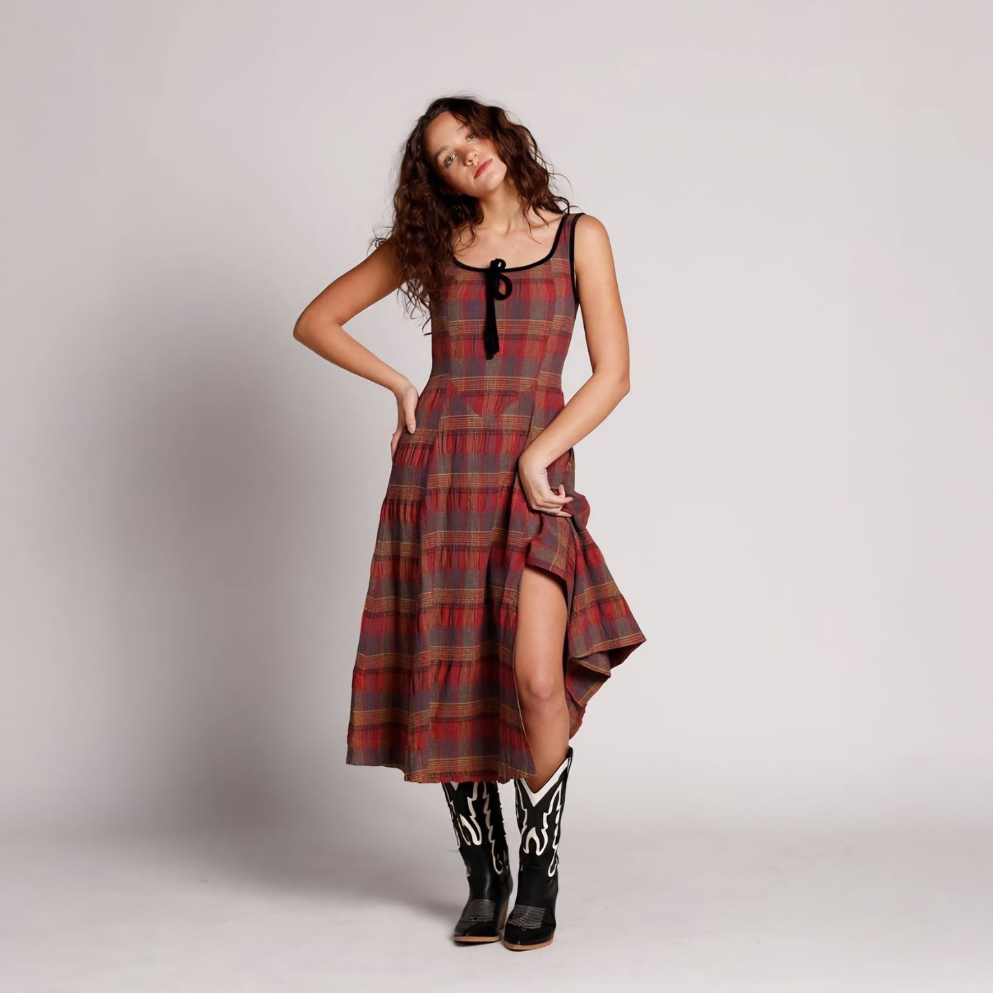 Free People Freya plaid midi strap dress in cherry combo (Surplus)