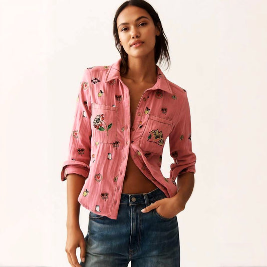 Anthropologie The Tabby Embroidered Icon Buttondown Shirt by Pilcro (Surplus)