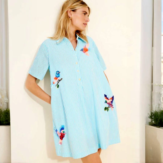 The Pollie Short-Sleeve Swing Tunic Mini Dress: Embroidered Edition (Surplus)