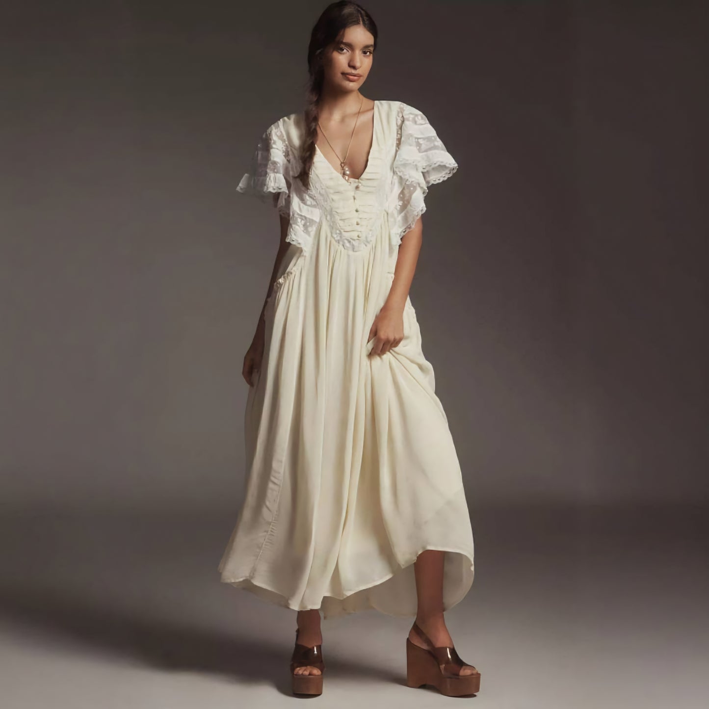 Anthropologie V-Neck Flutter-Sleeve Midi Dress (Surplus)