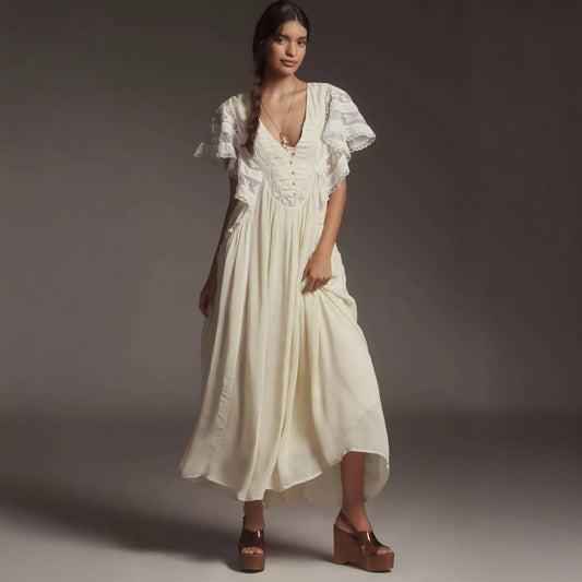 Anthropologie V-Neck Flutter-Sleeve Midi Dress (Surplus)