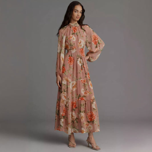 Anthropologie The Somerset Long-Sleeve Mock-Neck Chiffon Maxi Dress (Surplus)