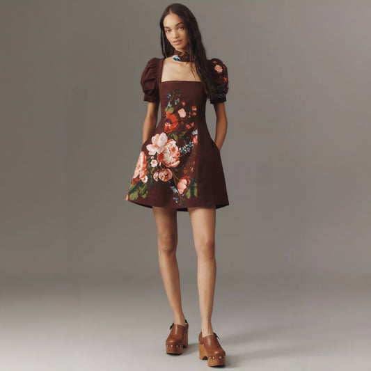 Anthropologie Maeve Puff-Sleeve Square-Neck Floral Mini Dress (Surplus)