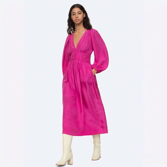 Sea New York Surplus Fabiola Solid Habotai Silk V-Neck Midi Dress in fuchsia