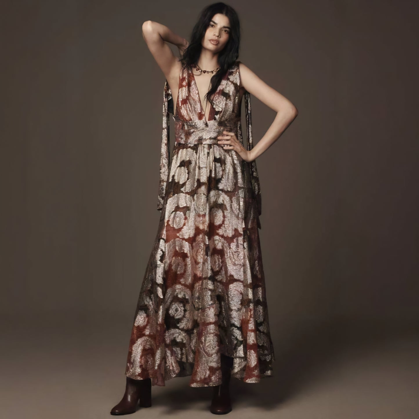 Farm Rio Sleeveless V-Neck Jacquard Lurex A-Line Maxi Dress (Surplus)