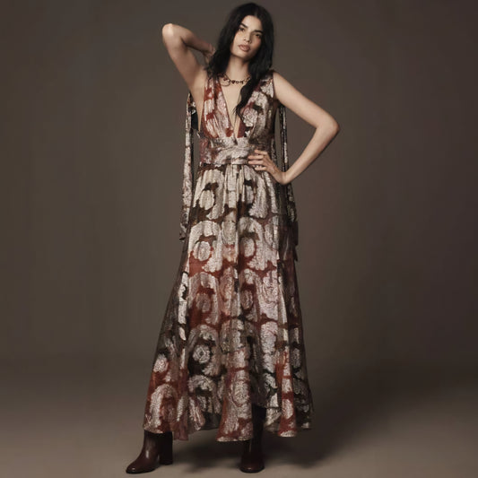 Farm Rio Sleeveless V-Neck Jacquard Lurex A-Line Maxi Dress (Surplus)