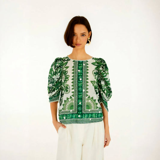 Farm Rio (Surplus) Green flora tapestry blouse