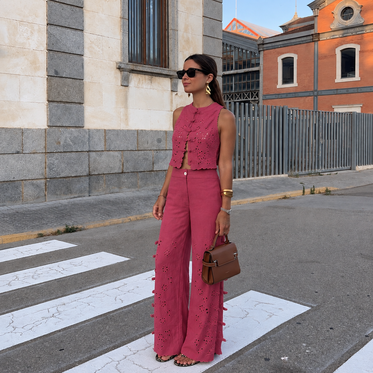 Renatta&Go Pink Cutout Top & Wide-Leg Pants Set (Surplus - New)