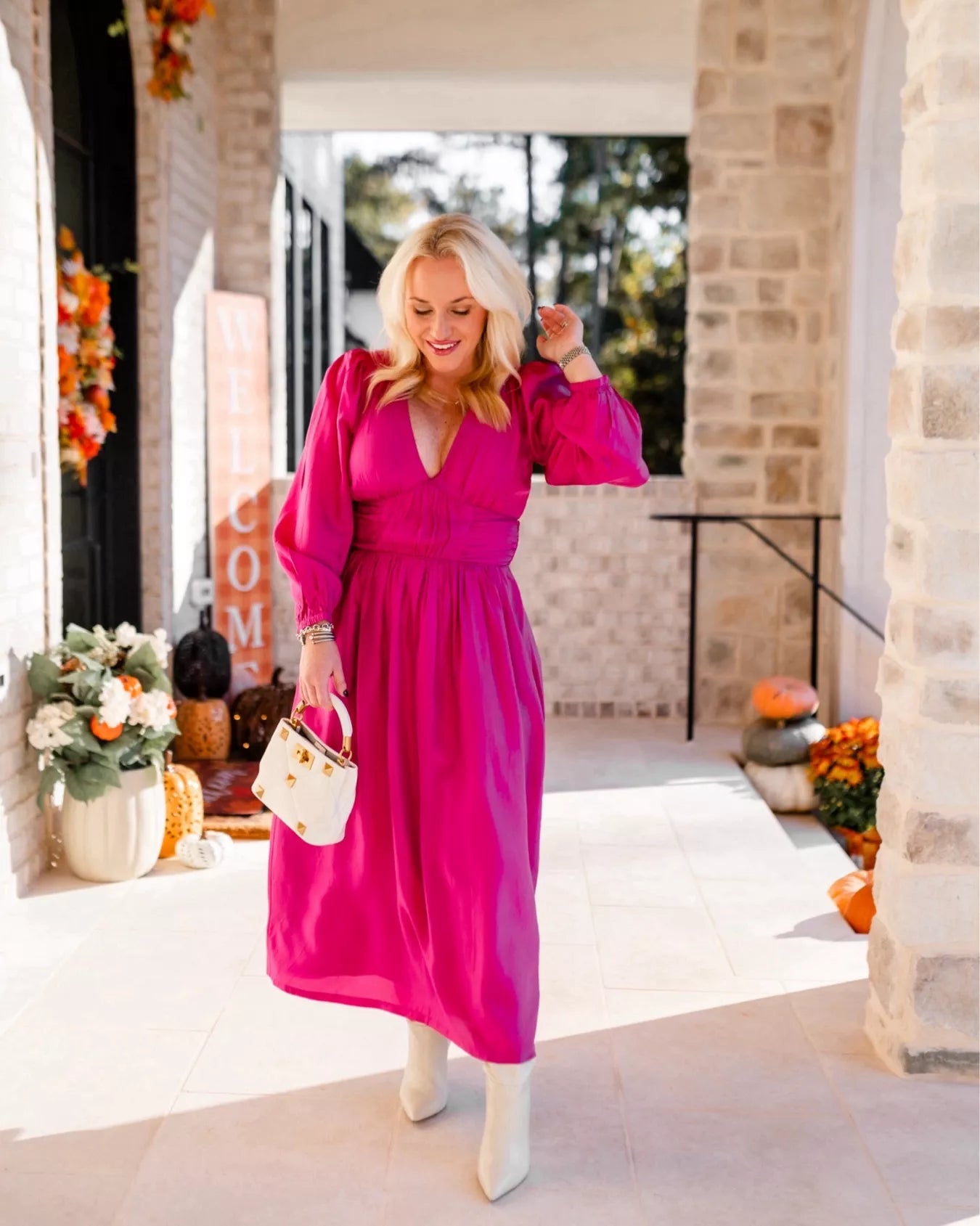 Sea New York Surplus Fabiola Solid Habotai Silk V-Neck Midi Dress in fuchsia